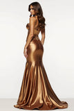 Metallic Corset Brown Mermaid Maxi Prom Dress with Slit
