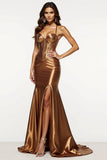 Metallic Corset Brown Mermaid Maxi Prom Dress with Slit