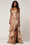 Rose Gold Sweetheart Ruched Ruffles Long Prom Dress with Slit