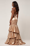 Rose Gold Sweetheart Ruched Ruffles Long Prom Dress with Slit