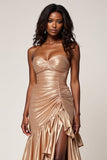 Rose Gold Sweetheart Ruched Ruffles Long Prom Dress with Slit