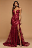 Dark Red Mermaid V-Neck Long Prom Dress with Embroidery