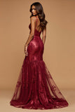 Dark Red Mermaid V-Neck Long Prom Dress with Embroidery