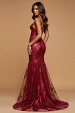 Dark Red Mermaid V-Neck Long Prom Dress with Embroidery