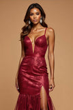 Dark Red Mermaid V-Neck Long Prom Dress with Embroidery