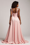 Blush Pink A Line Satin Sweetheart Long Prom Dress with Slit
