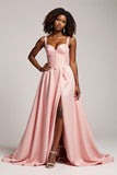 Blush Pink A Line Satin Sweetheart Long Prom Dress with Slit