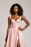 Blush Pink A Line Satin Sweetheart Long Prom Dress with Slit