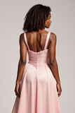 Blush Pink A Line Satin Sweetheart Long Prom Dress with Slit