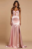 Blush Pink Mermaid Satin V-Neck Keyhole Long Prom Dress with Slit