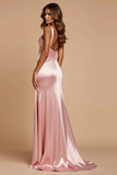 Blush Pink Mermaid Satin V-Neck Keyhole Long Prom Dress with Slit