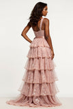 Glitter Dusty Rose A Line Tiered Long Prom Dress with Sequins