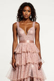 Glitter Dusty Rose A Line Tiered Long Prom Dress with Sequins