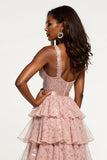 Glitter Dusty Rose A Line Tiered Long Prom Dress with Sequins