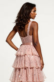 Glitter Dusty Rose A Line Tiered Long Prom Dress with Sequins