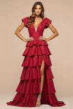 Dark Red A Line V Neck Satin Tiered Long Prom Dress with Slit