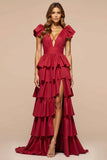 Dark Red A Line V Neck Satin Tiered Long Prom Dress with Slit