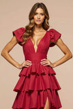 Dark Red A Line V Neck Satin Tiered Long Prom Dress with Slit