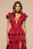 Dark Red A Line V Neck Satin Tiered Long Prom Dress with Slit
