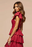 Dark Red A Line V Neck Satin Tiered Long Prom Dress with Slit