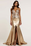 Golden Metallic Mermaid Applique Long Prom Dress with Slit