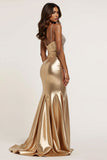 Golden Metallic Mermaid Applique Long Prom Dress with Slit