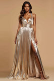 Metallic Golden A Line Pleated V-Neck Long Prom Dress with Slit