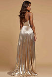 Metallic Golden A Line Pleated V-Neck Long Prom Dress with Slit