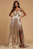 Metallic Golden A Line Pleated V-Neck Long Prom Dress with Slit