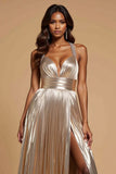 Metallic Golden A Line Pleated V-Neck Long Prom Dress with Slit