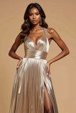 Metallic Golden A Line Pleated V-Neck Long Prom Dress with Slit