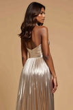 Metallic Golden A Line Pleated V-Neck Long Prom Dress with Slit