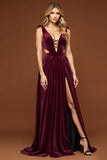Purple A Line Velvet Cut-Out V-Neck Long Prom Dress with Slit