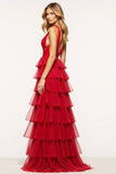Red A Line Deep V-Neck Long Tiered Prom Dress with Slit