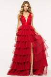 Red A Line Deep V-Neck Long Tiered Prom Dress with Slit