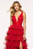 Red A Line Deep V-Neck Long Tiered Prom Dress with Slit