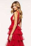 Red A Line Deep V-Neck Long Tiered Prom Dress with Slit