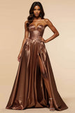 Brown A Line Satin Strapless Sweetheart Long Prom Dress with Silt