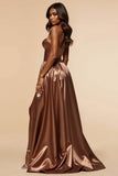 Brown A Line Satin Strapless Sweetheart Long Prom Dress with Silt