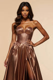Brown A Line Satin Strapless Sweetheart Long Prom Dress with Silt