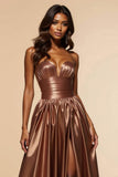 Brown A Line Satin Strapless Sweetheart Long Prom Dress with Silt