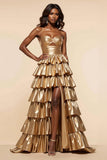 Golden Metallic A Line Tiered Sweetheart Keyhole Long Prom Dress