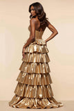 Golden Metallic A Line Tiered Sweetheart Keyhole Long Prom Dress