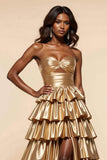 Golden Metallic A Line Tiered Sweetheart Keyhole Long Prom Dress