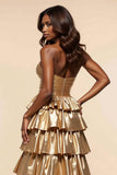 Golden Metallic A Line Tiered Sweetheart Keyhole Long Prom Dress