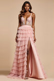Blush Pink A Line Tulle Tiered Applique Long Prom Dress with Slit
