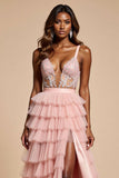 Blush Pink A Line Tulle Tiered Applique Long Prom Dress with Slit