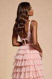Blush Pink A Line Tulle Tiered Applique Long Prom Dress with Slit