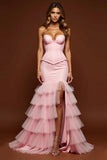 Blush Pink Mermaid Tulle Sweetheart Tiered Long Prom Dress with Slit