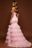 Blush Pink Mermaid Tulle Sweetheart Tiered Long Prom Dress with Slit
